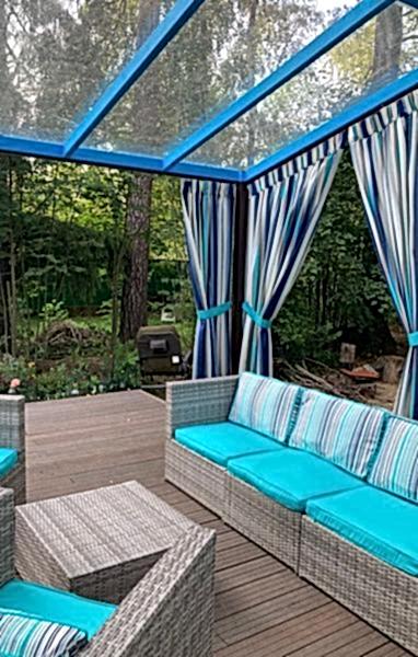 Шторы для веранды и открытой беседки на заказ в Алматы и области - пошив непромокаемых дизайнерских штор для улицы и террасы в компании Belladone по выгодной цене.